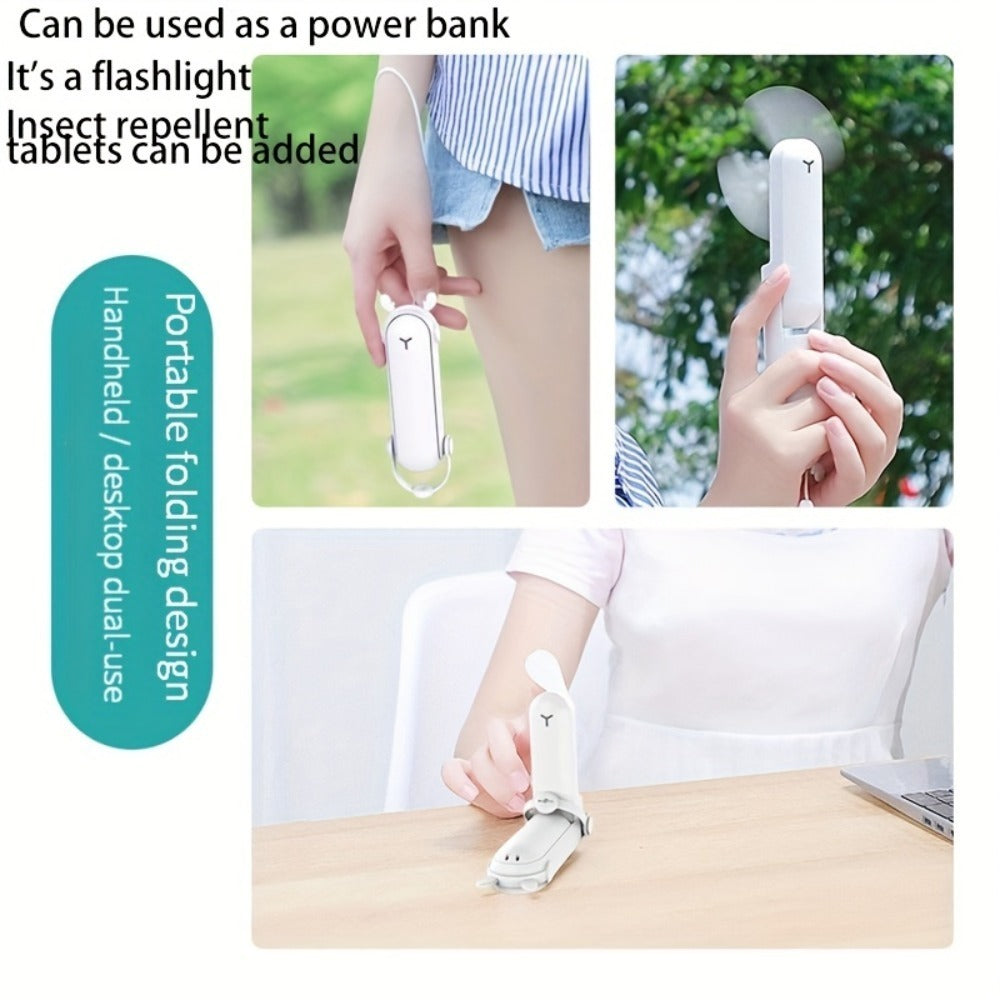 Random Color Portable Folding Handheld Fan USB Multifunctional Charging Treasure Flashlight 3-in-1 Mini Fan