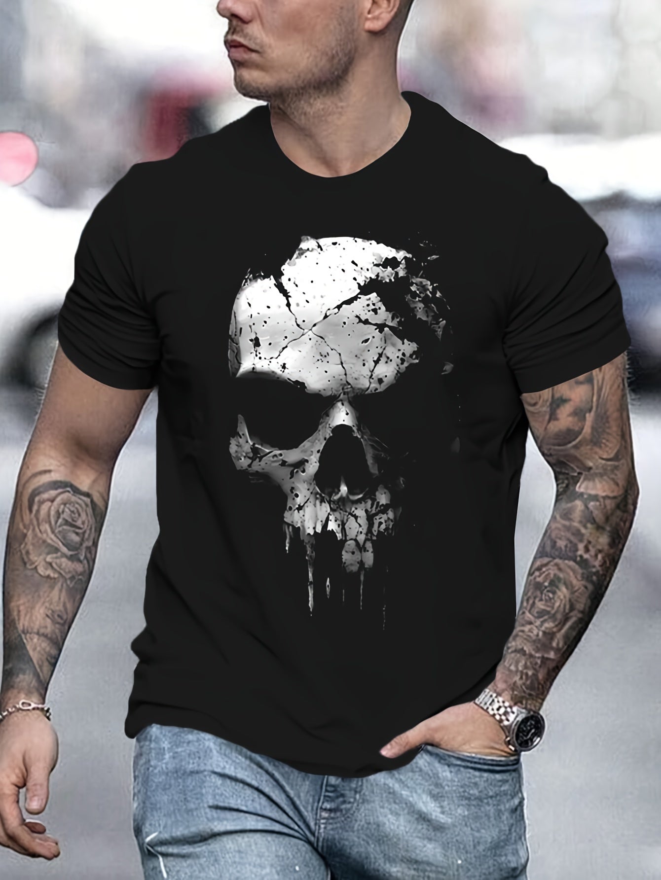 3D Digital Shattered SkuPattern Round Neck Short Sleeved T-shirt
